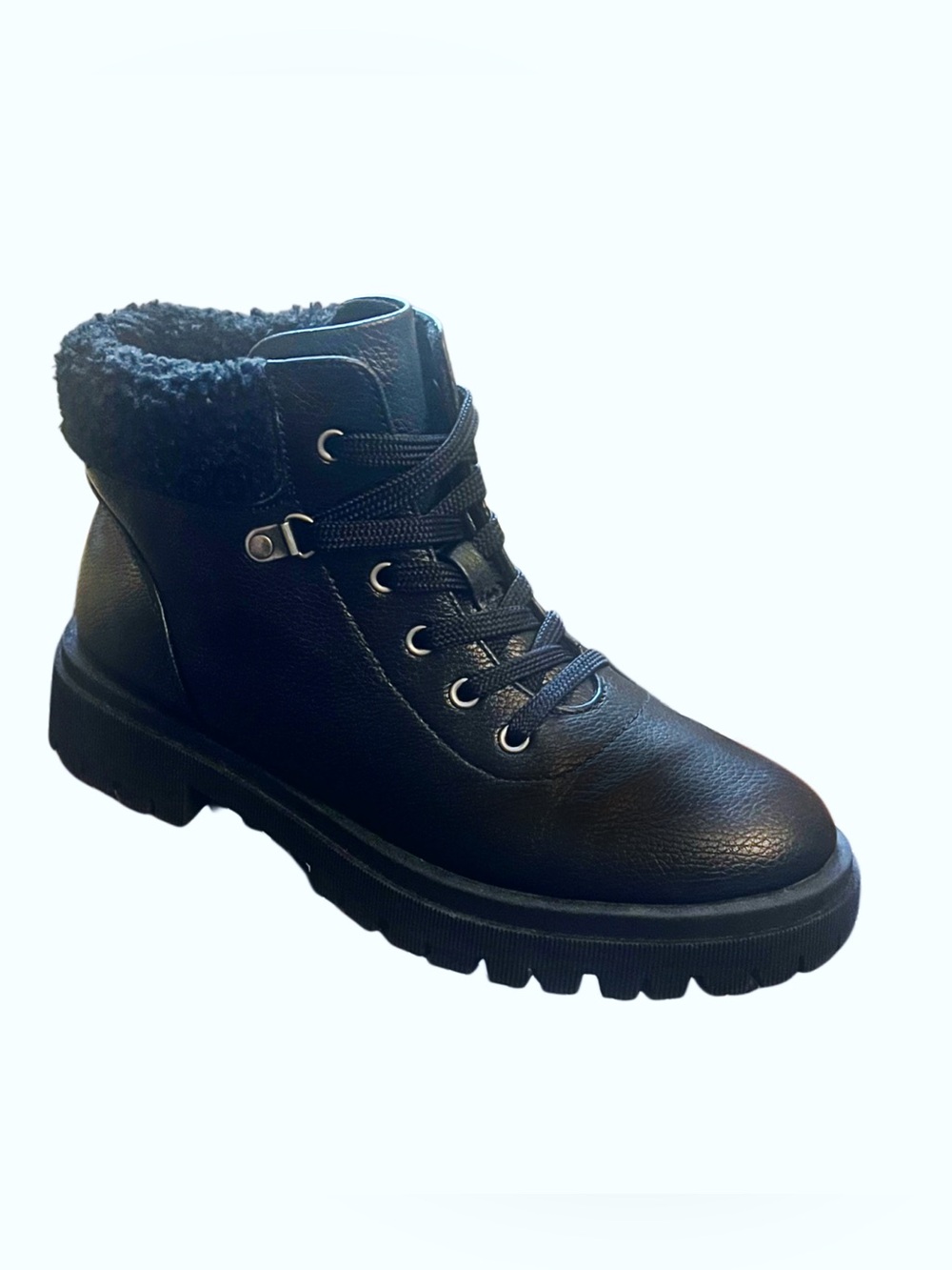 Old Navy Black Lace-Up Hiking Boots with Faux Fur Collar Sz 8